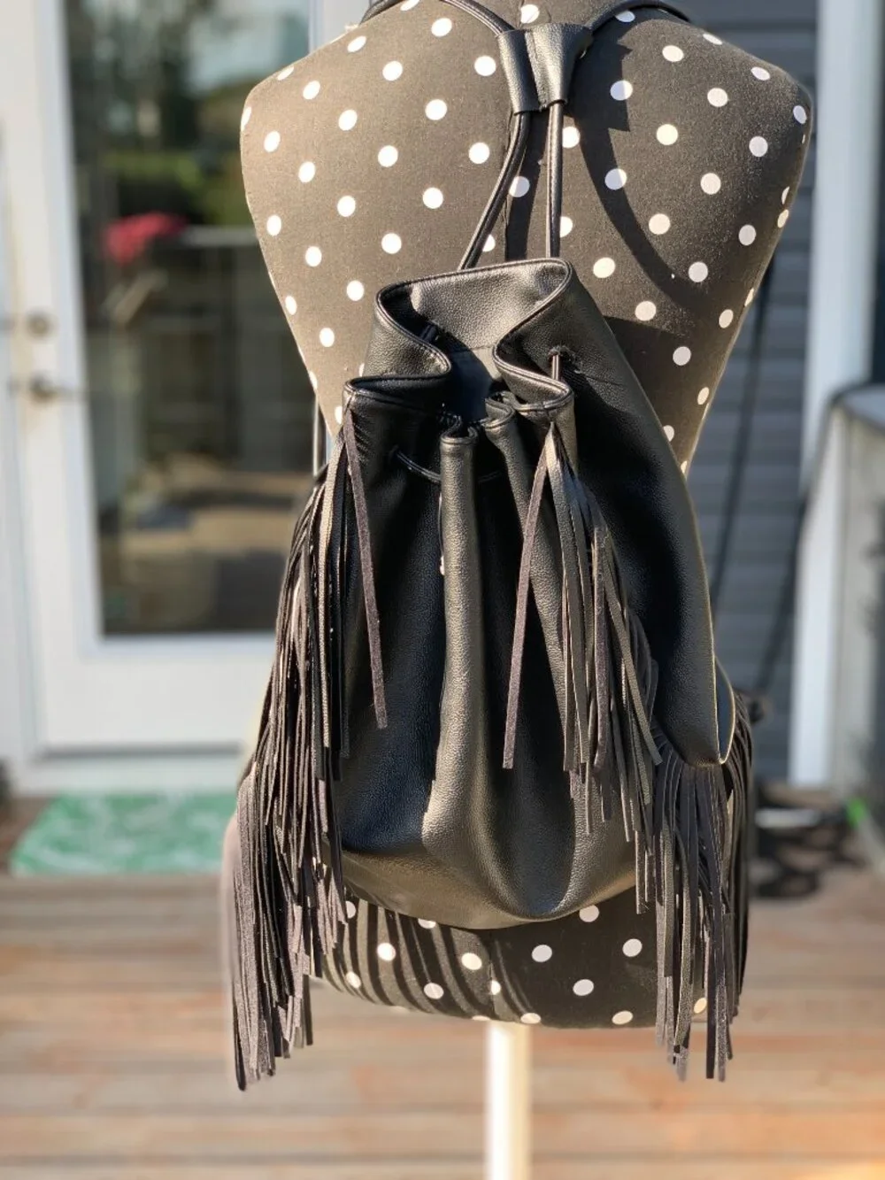 Victoria’s Secret Black Fringe Backpack Faux Leather Drawstring Bucket Bag Purse